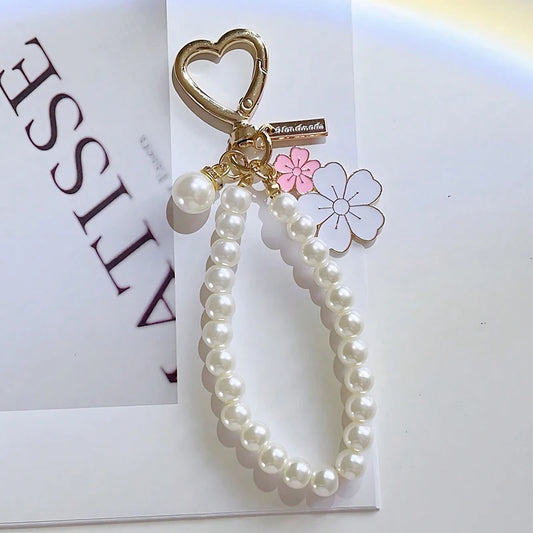 Cherry Blossoms Fan Keychain with Pearl Chain Pendant