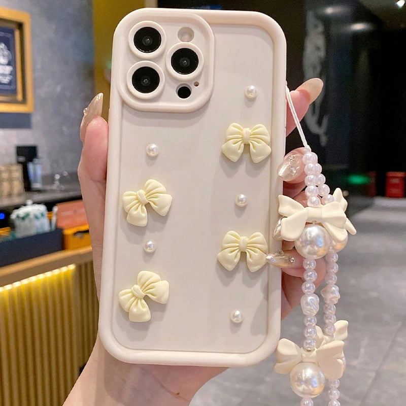Korean 3D Bowknot Pearl iPhone Case with Lanyard
