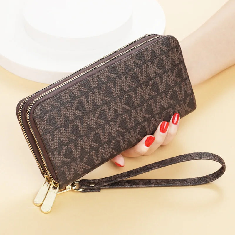 Luxury Signature Pattern Double Zipper Wallet with Wrist Strap