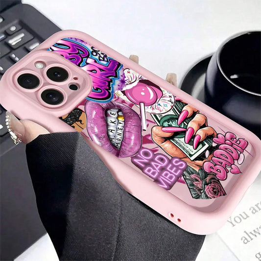 Pink Lips & Banknote Print iPhone Case - Soft Silicone Cover
