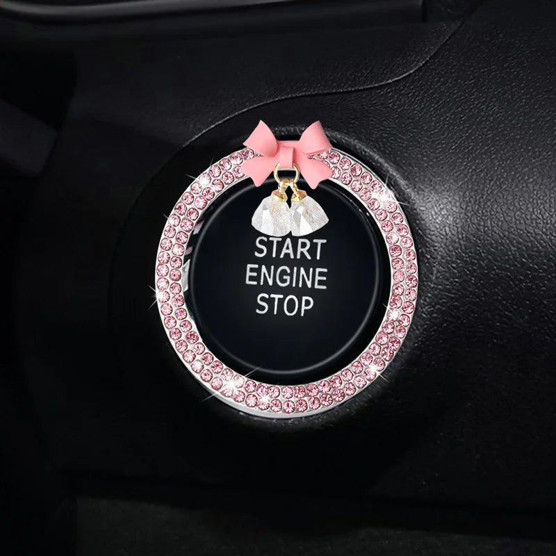 Crystal Rhinestone Engine Start Button Ring Decal with Bowknot