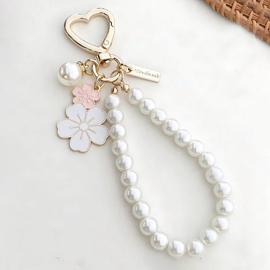 Cherry Blossoms Fan Keychain with Pearl Chain Pendant