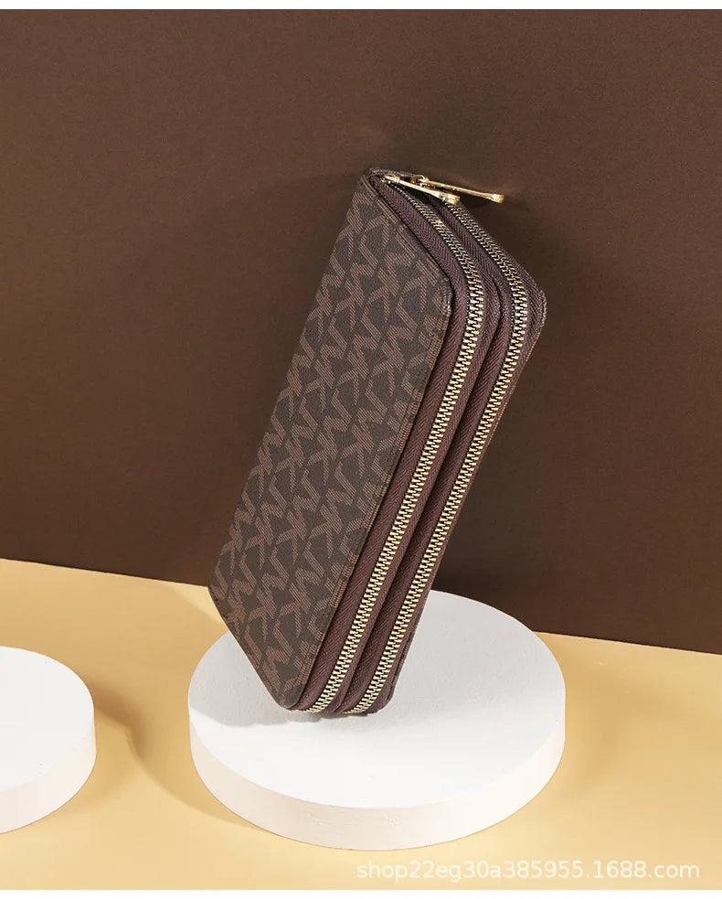 Luxury Signature Pattern Double Zipper Wallet with Wrist Strap