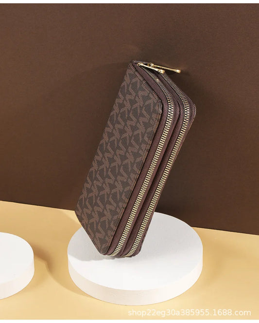 Luxury Signature Pattern Double Zipper Wallet with Wrist Strap