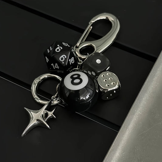 Star Dice & Black Eight Ball Keychain - Cool Resin Pendant