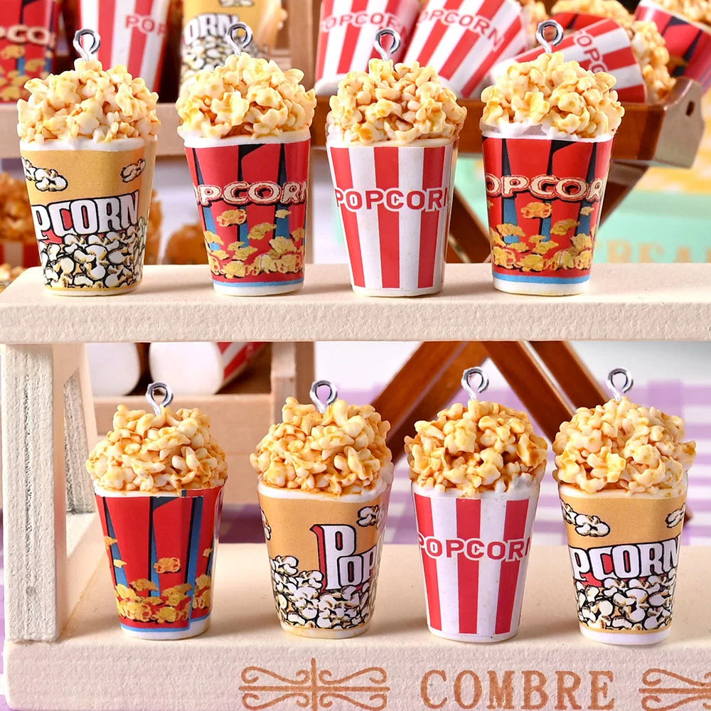Mini Popcorn Bucket Charms – 10pcs Resin Pendants for DIY Jewelry & Crafts