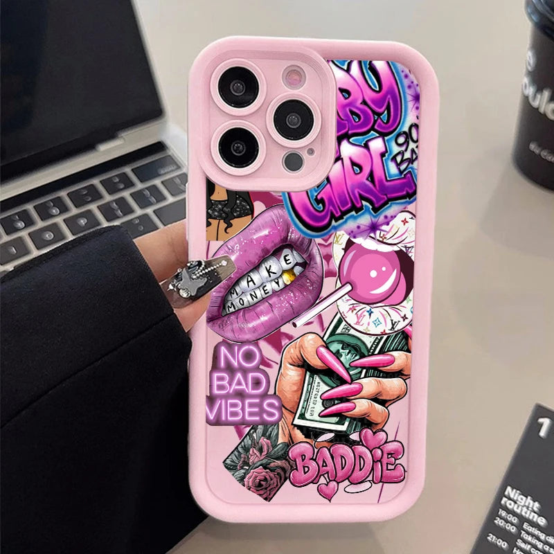 Pink Lips & Banknote Print iPhone Case - Soft Silicone Cover