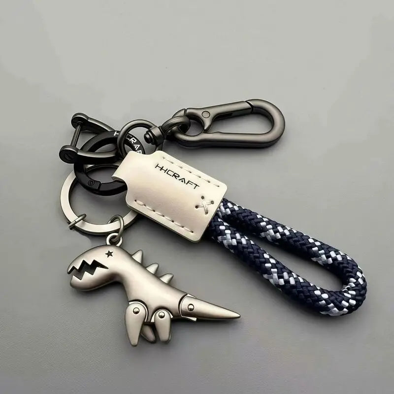 Cute Metal Dinosaur Keychain with Braided Leather Strap