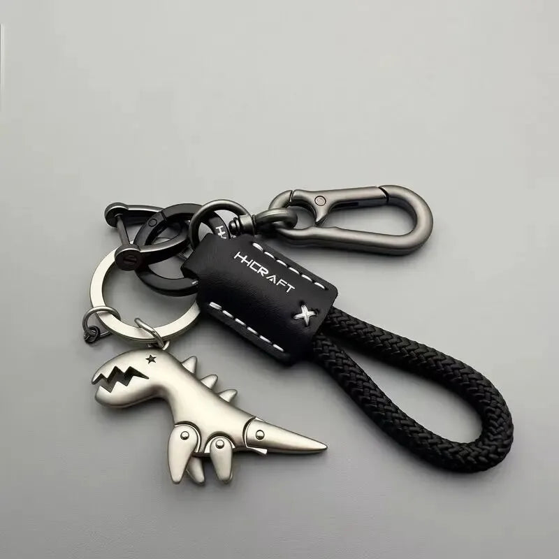 Cute Metal Dinosaur Keychain with Braided Leather Strap