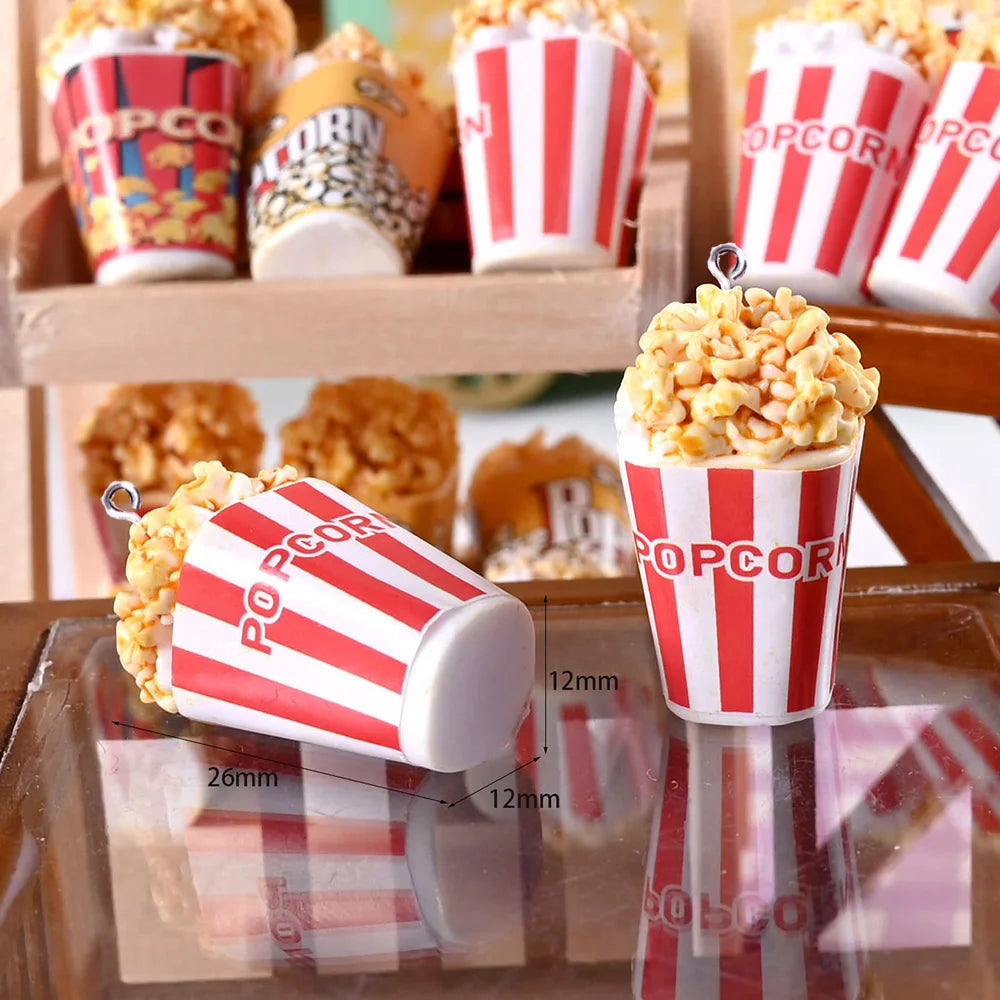 Mini Popcorn Bucket Charms – 10pcs Resin Pendants for DIY Jewelry & Crafts