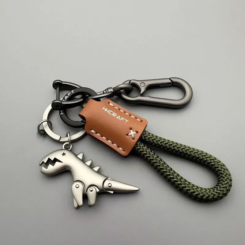 Cute Metal Dinosaur Keychain with Braided Leather Strap