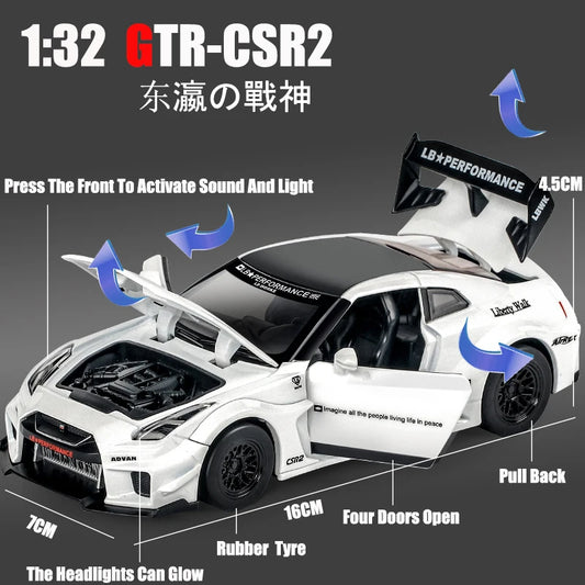🏎️ 1:32 GTR CSR2 Diecast Model Car – Sound & Light Edition 💨