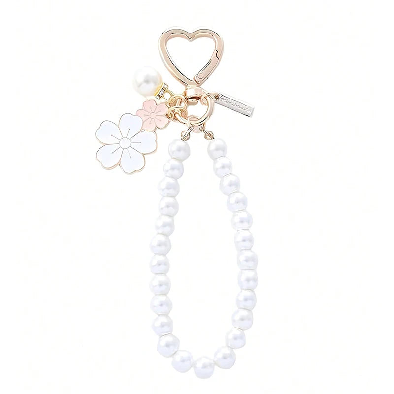 Cherry Blossoms Fan Keychain with Pearl Chain Pendant