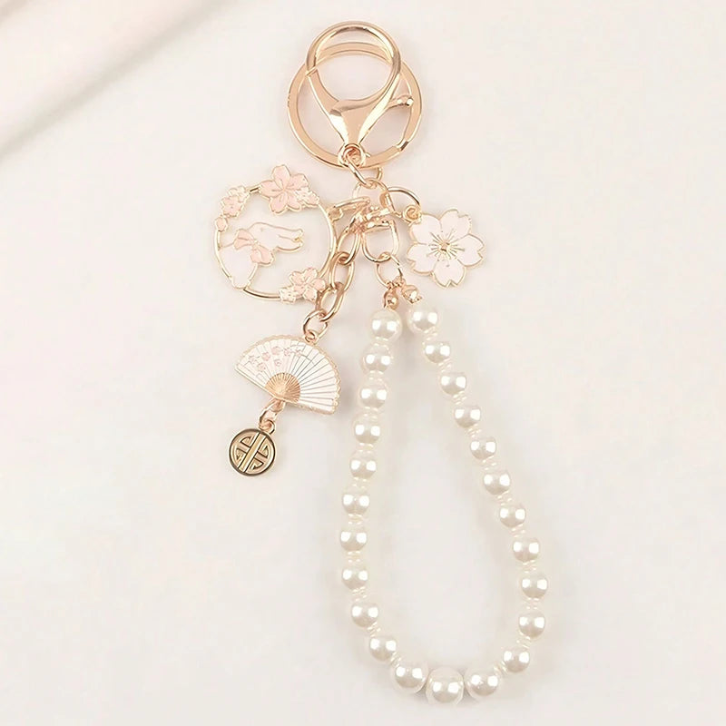Cherry Blossoms Fan Keychain with Pearl Chain Pendant