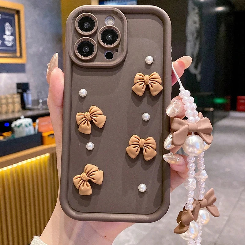 Korean 3D Bowknot Pearl iPhone Case with Lanyard