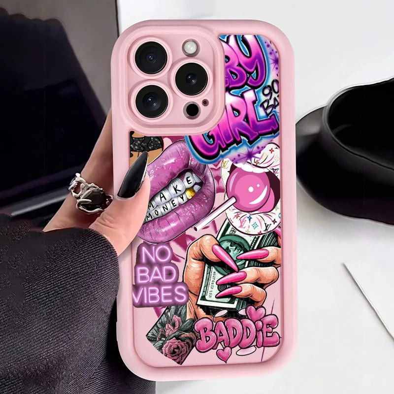 Pink Lips & Banknote Print iPhone Case - Soft Silicone Cover