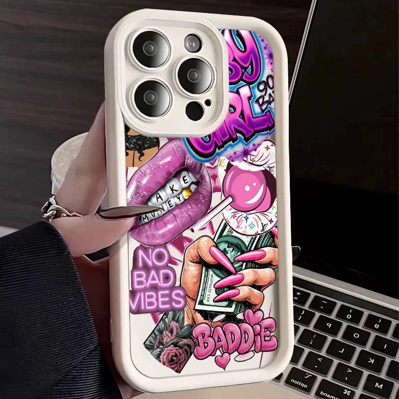 Pink Lips & Banknote Print iPhone Case - Soft Silicone Cover