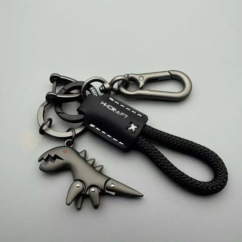 Cute Metal Dinosaur Keychain with Braided Leather Strap