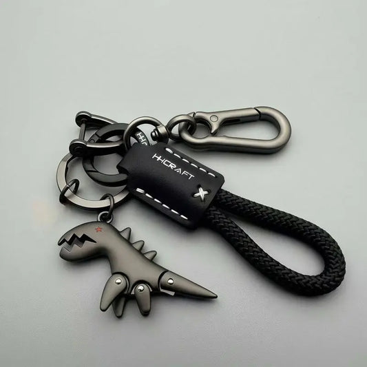 Cute Metal Dinosaur Keychain with Braided Leather Strap