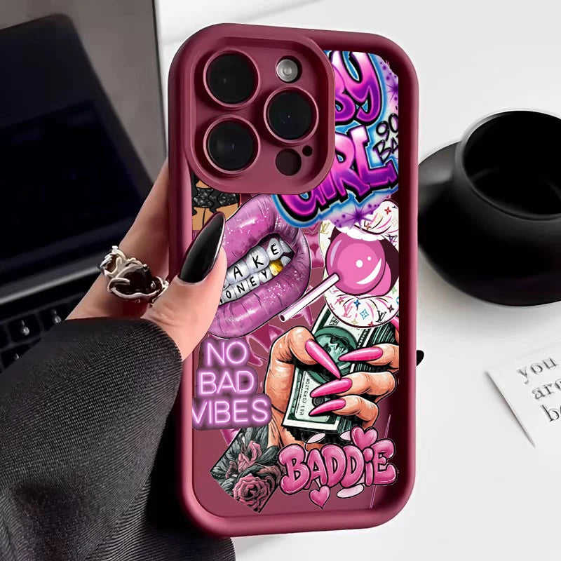 Pink Lips & Banknote Print iPhone Case - Soft Silicone Cover