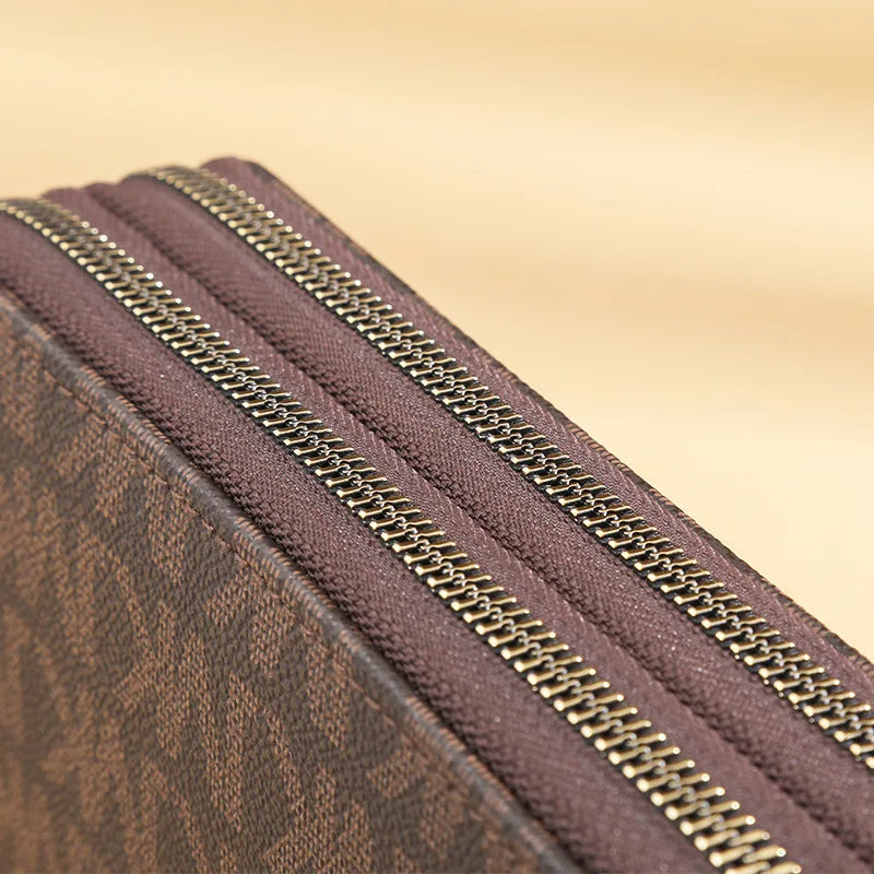 Luxury Signature Pattern Double Zipper Wallet with Wrist Strap