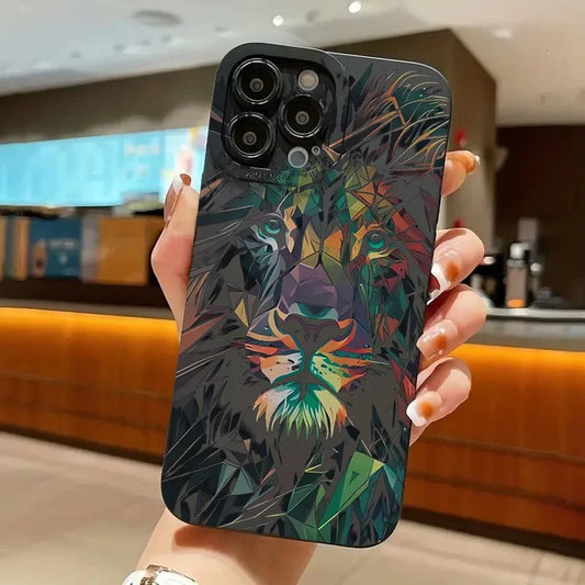 🦁 Colorful Lion Pattern Case – Matte Shockproof Cover for iPhone