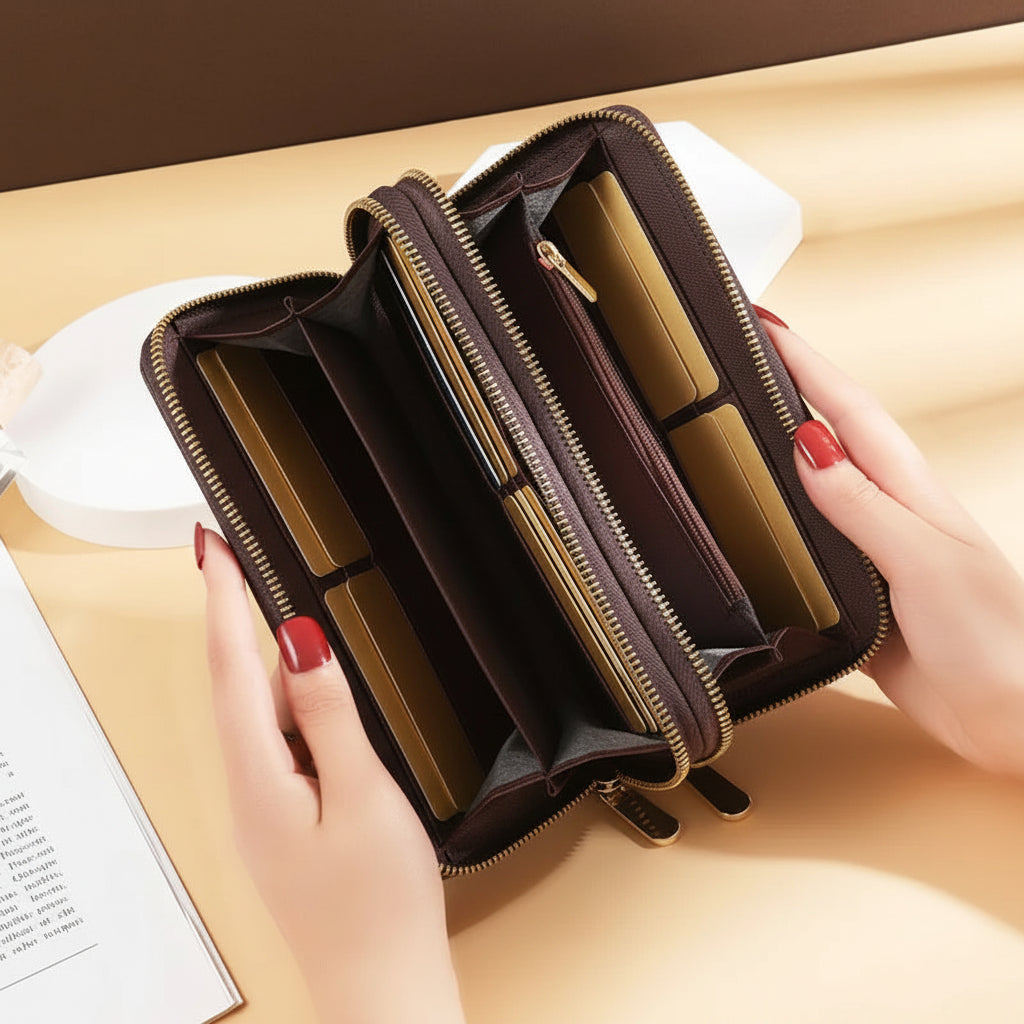 Luxury Signature Pattern Double Zipper Wallet with Wrist Strap