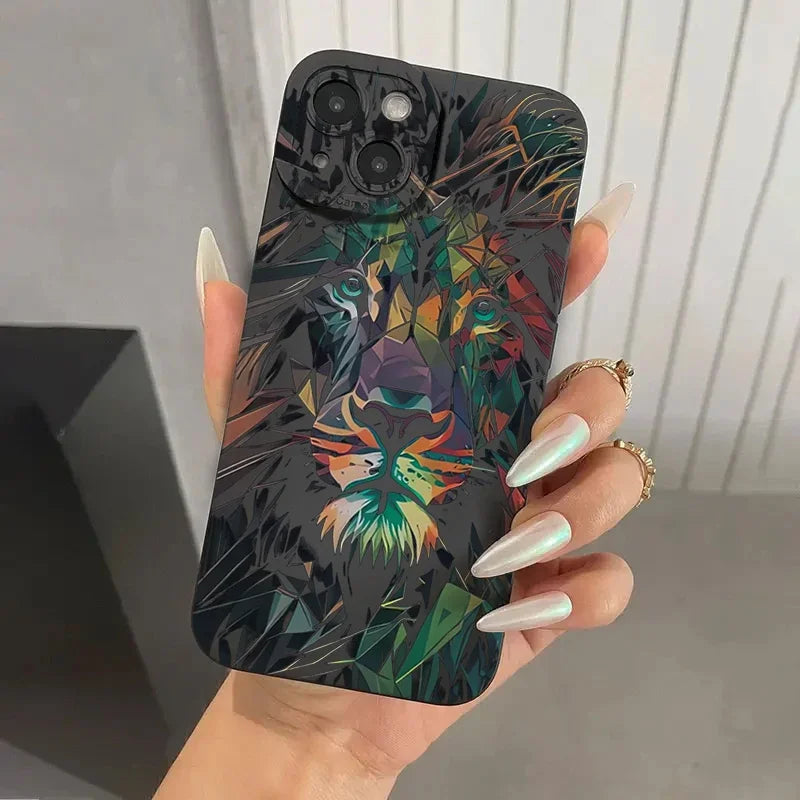 🦁 Colorful Lion Pattern Case – Matte Shockproof Cover for iPhone