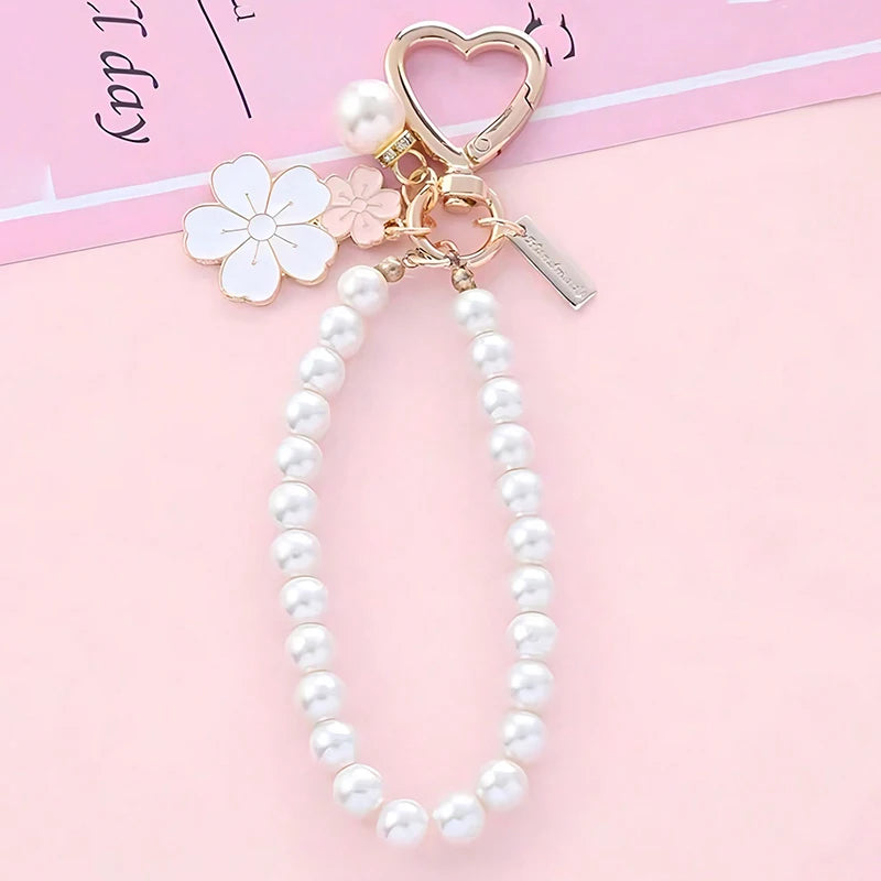 Cherry Blossoms Fan Keychain with Pearl Chain Pendant