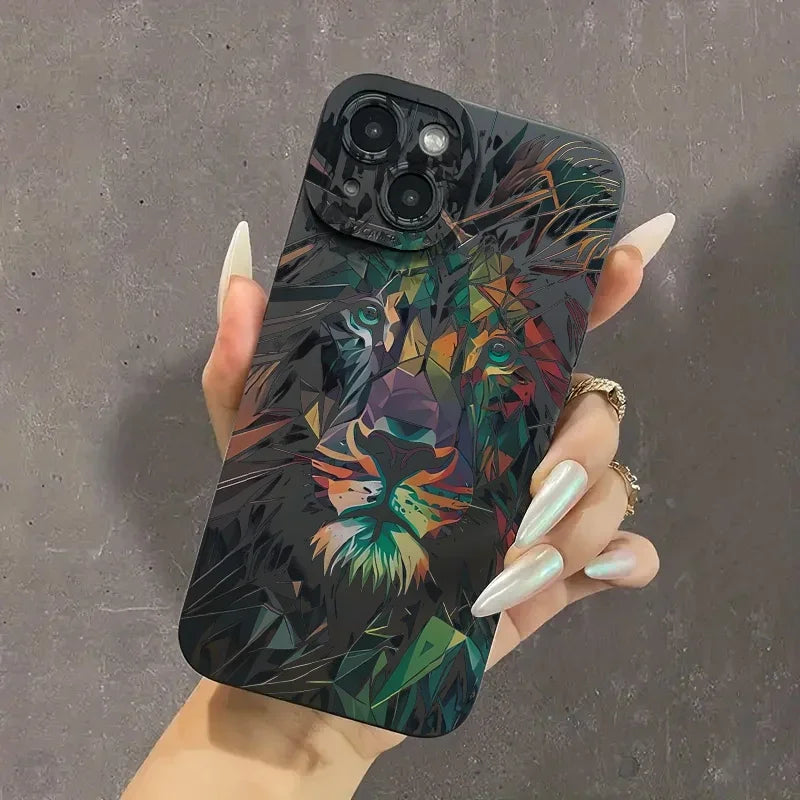 🦁 Colorful Lion Pattern Case – Matte Shockproof Cover for iPhone