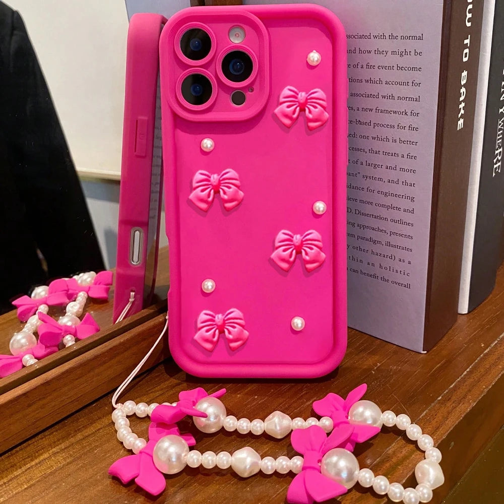 Korean 3D Bowknot Pearl iPhone Case with Lanyard