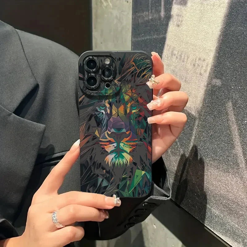 🦁 Colorful Lion Pattern Case – Matte Shockproof Cover for iPhone