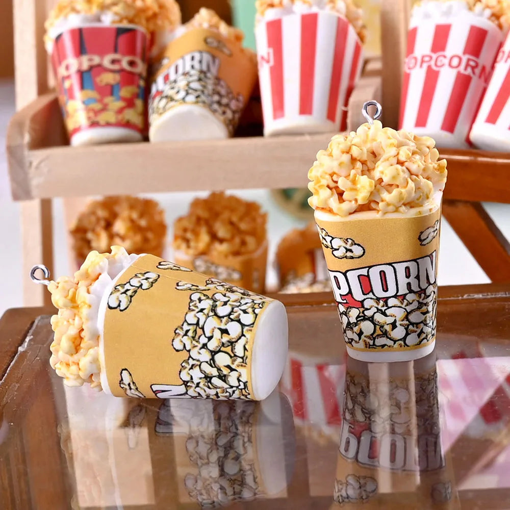 Mini Popcorn Bucket Charms – 10pcs Resin Pendants for DIY Jewelry & Crafts