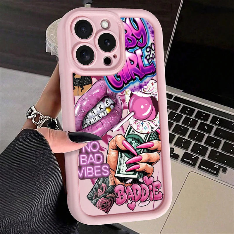 Pink Lips & Banknote Print iPhone Case - Soft Silicone Cover