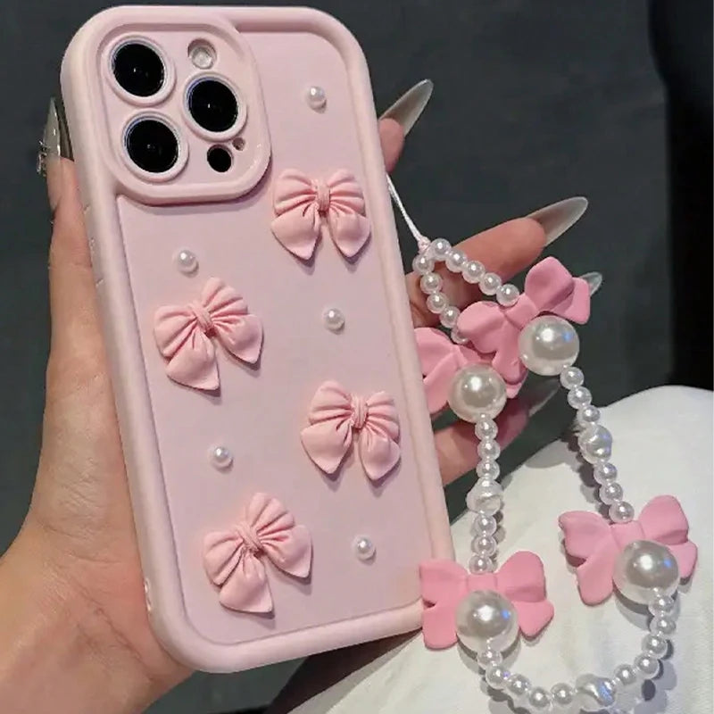 Korean 3D Bowknot Pearl iPhone Case with Lanyard