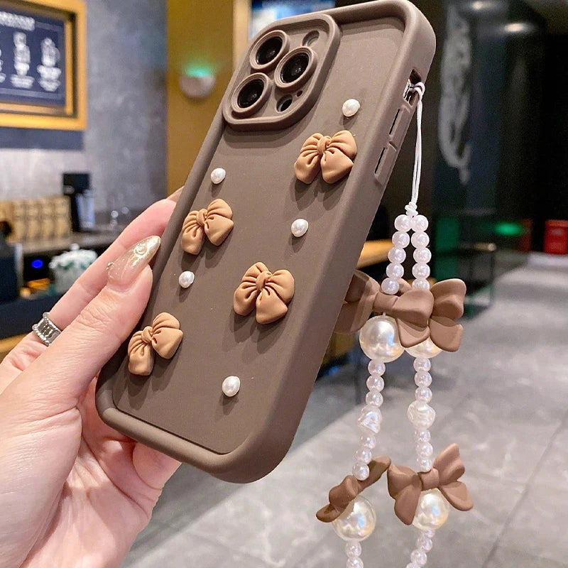 Korean 3D Bowknot Pearl iPhone Case with Lanyard