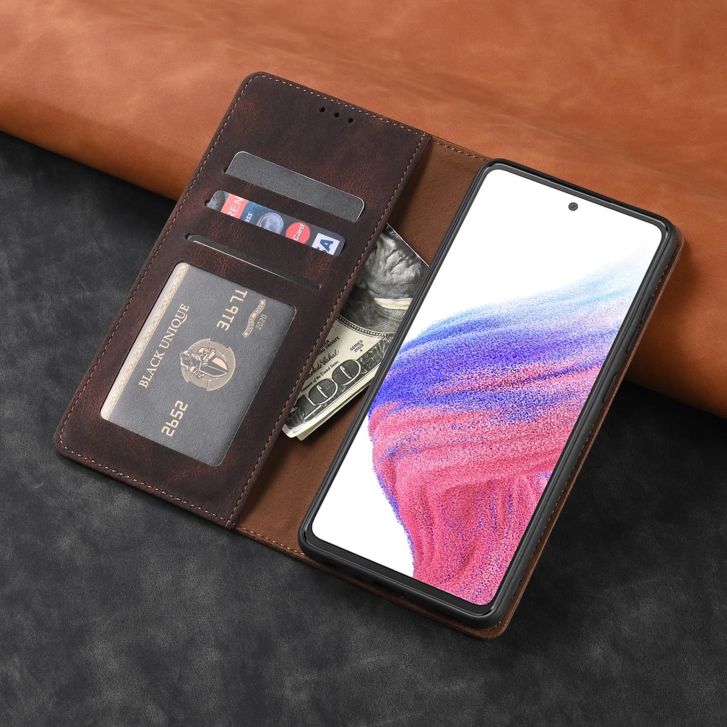 📔 Elegant Leather Flip Wallet Case – For Samsung Galaxy | Card Holder & Full Protection