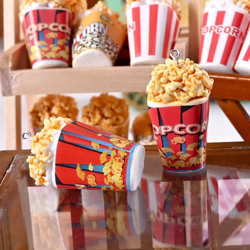 Mini Popcorn Bucket Charms – 10pcs Resin Pendants for DIY Jewelry & Crafts