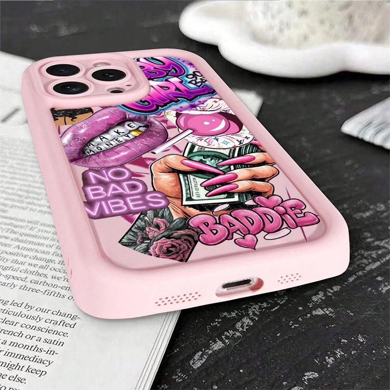 Pink Lips & Banknote Print iPhone Case - Soft Silicone Cover