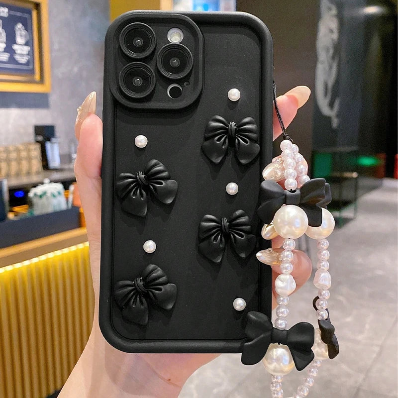 Korean 3D Bowknot Pearl iPhone Case with Lanyard