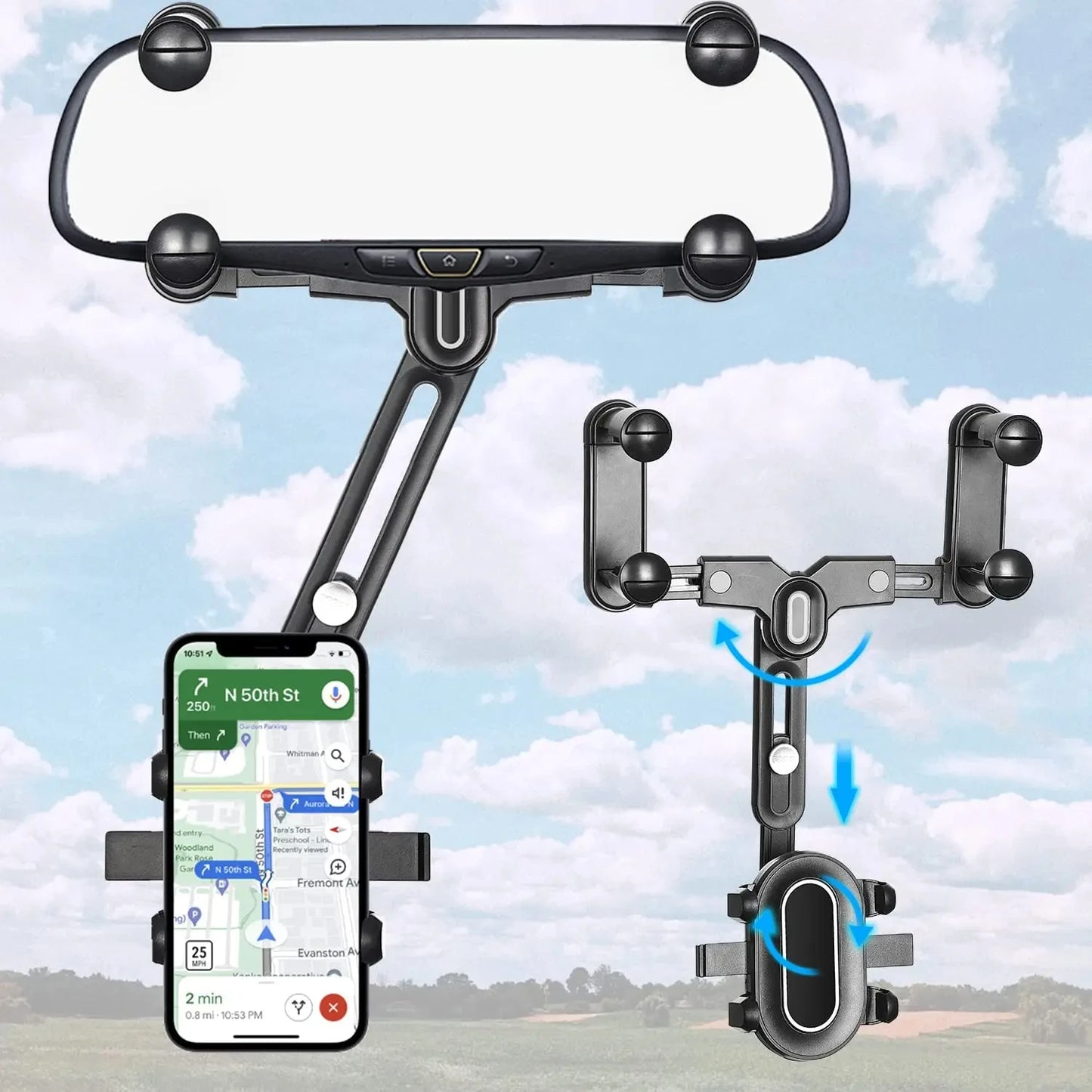 📲 Rearview Mirror Phone Holder – 360° Adjustable Car Mount 🚗
