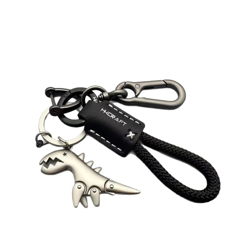 Cute Metal Dinosaur Keychain with Braided Leather Strap