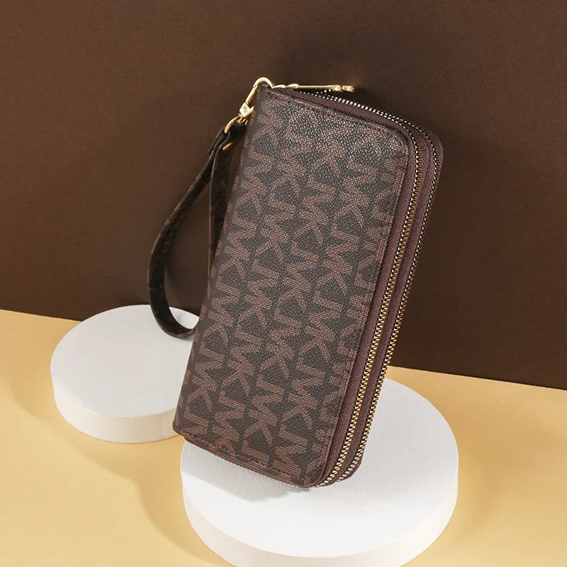 Luxury Signature Pattern Double Zipper Wallet with Wrist Strap