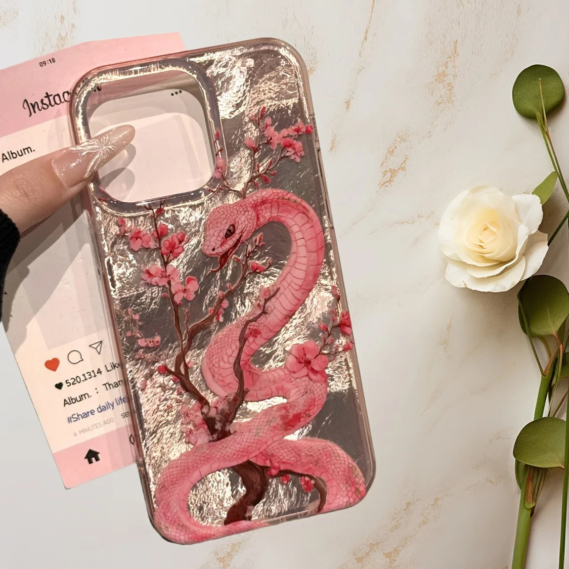 🌸✨ Pink Snake iPhone Case – Fierce Meets Floral 🐍📱