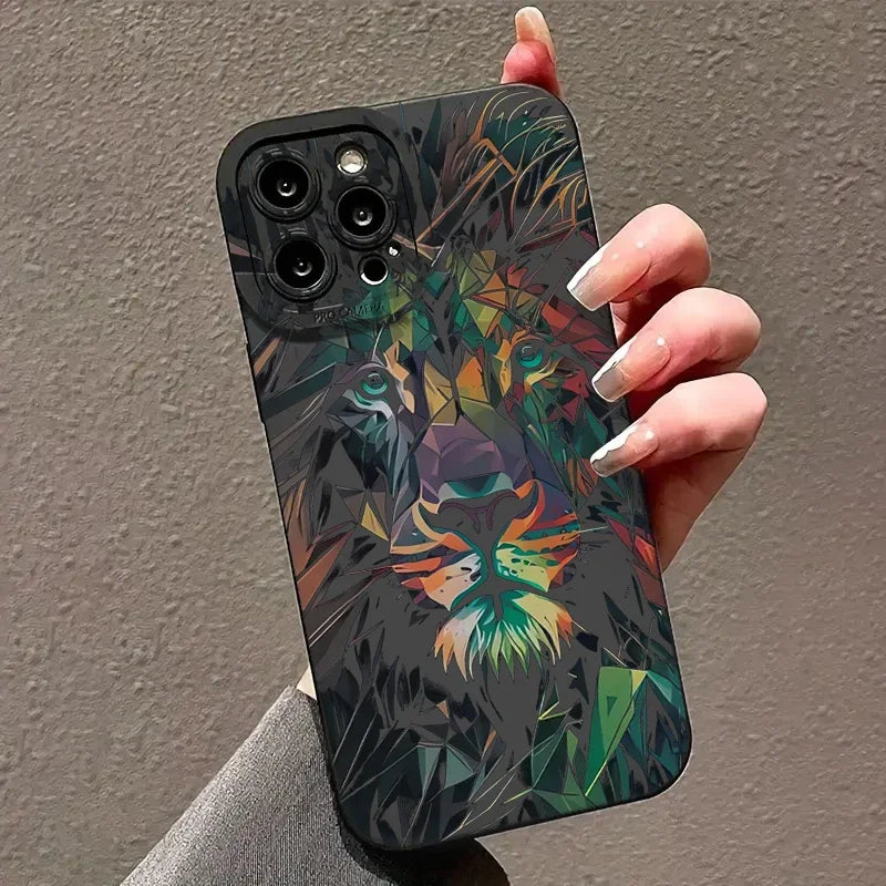 🦁 Colorful Lion Pattern Case – Matte Shockproof Cover for iPhone
