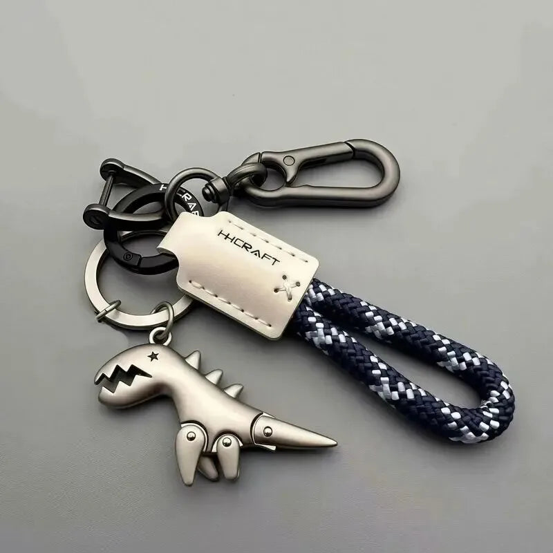 Cute Metal Dinosaur Keychain with Braided Leather Strap