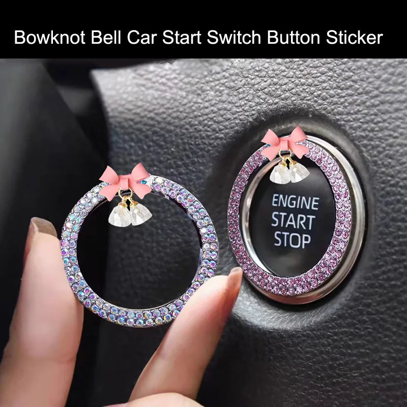 Crystal Rhinestone Engine Start Button Ring Decal with Bowknot