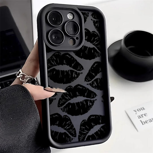 Black Lips Kiss Print iPhone Case - Soft Matte Shockproof Cover