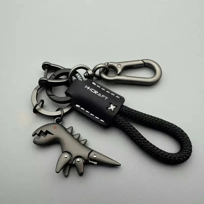 Cute Metal Dinosaur Keychain with Braided Leather Strap