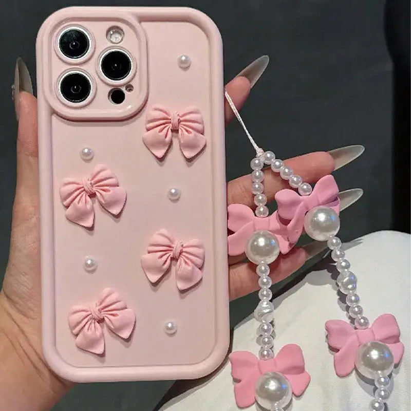 Korean 3D Bowknot Pearl iPhone Case with Lanyard